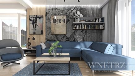 Czarno-biała tapeta w salonie z drewnem