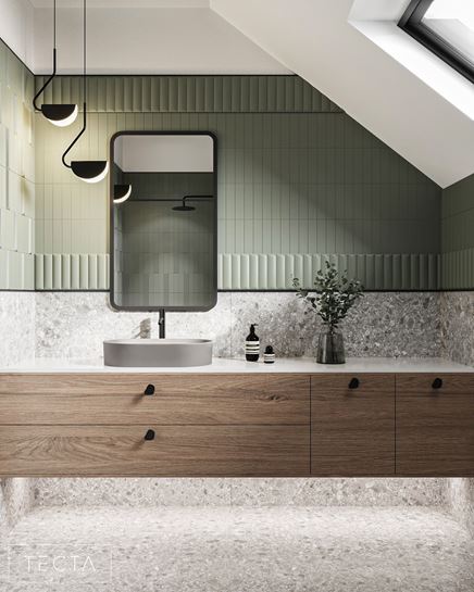 Szaro-zielona łazienka z dekoracyjnymi kafelkami i lastryko