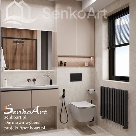 Elegancki wystrój łazienki w beżowych kolorach z elementami drewna.