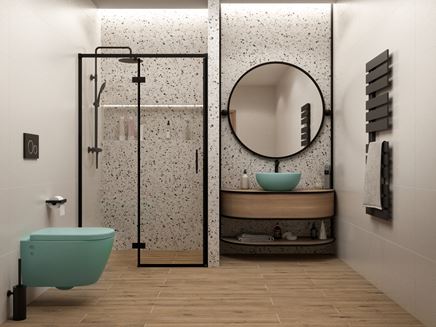 Drewno i stylowe terazzo Cersanit Hika w łazience z pastelową ceramiką