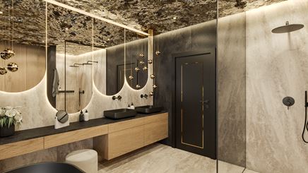 Czarne drzwi w eleganckiej łazience