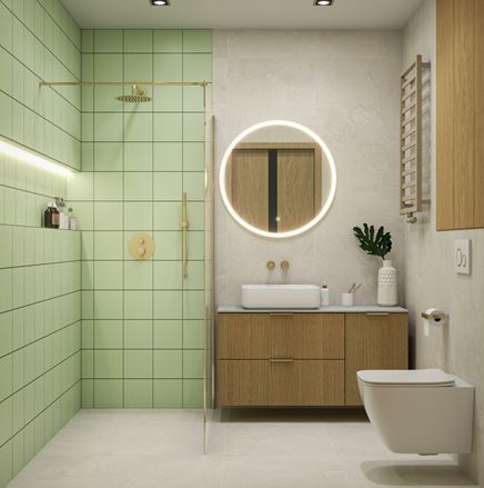 Kremowa łazienka z miętowymi kaflami