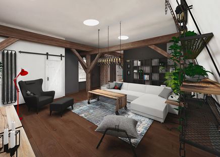 Widok na loftowy salon ze stolikiem na kółkach