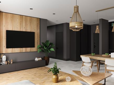 Aranżacja dużego salonu z kuchnią w drewnie i jasnym betonie