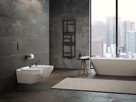 Minimalistyczna łazienka w ciemnoszarej kolorystyce