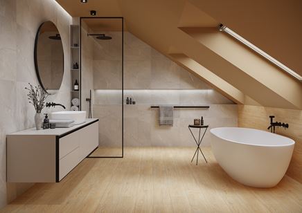 Łazienka na poddaszu w beżowym drewnie i szarym kamieniu