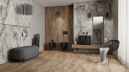 Łazienka glamour w marmurze i drewnie z czarną ceramiką