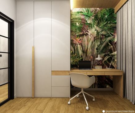 Tapeta z dżunglą w aranżacji przy biurku w sypialni