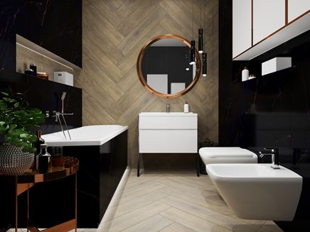 Eleganckie połączenie drewna i marmuru w łazience