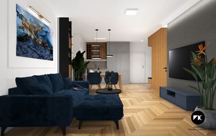 Biało-szary salon z granatową kapaną tapicerowaną