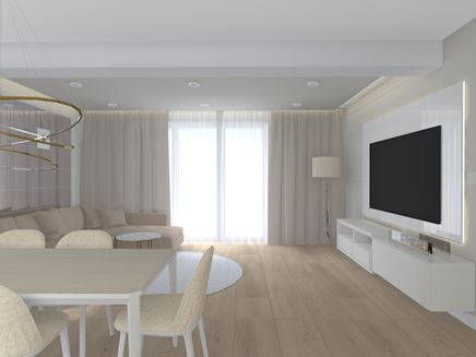 Przestronny salon w bieli i drewnie