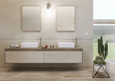 Szara łazienka z betonowymi płytkami Opoczno Keep Calm