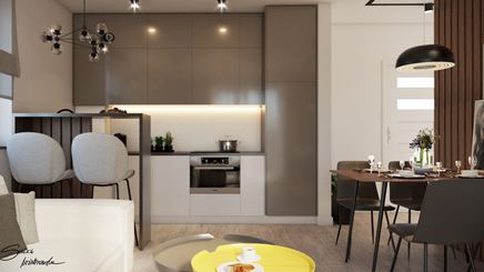 Szara kuchnia z barem śniadaniowym