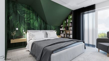 Nowoczesna zielona sypialnia ze skosami