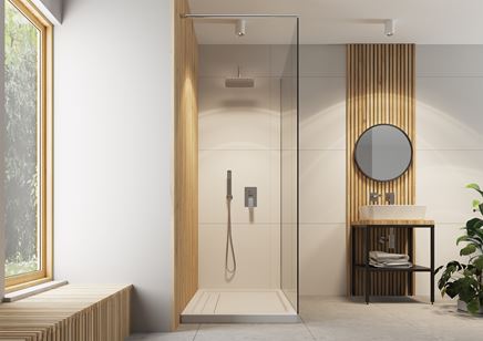 Nowoczesna łazienka z prysznicem walk-in i industrialną konsolą