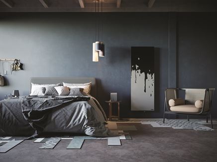 Klimatyczna sypialnia w szarościach z grzejnikiem Inventio Rock