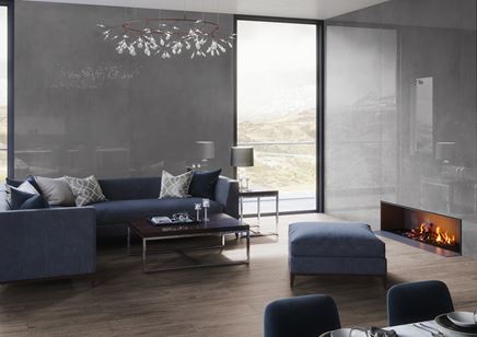 Duży nowoczesny salon w płytce Cerrad Concrete Graphite poler