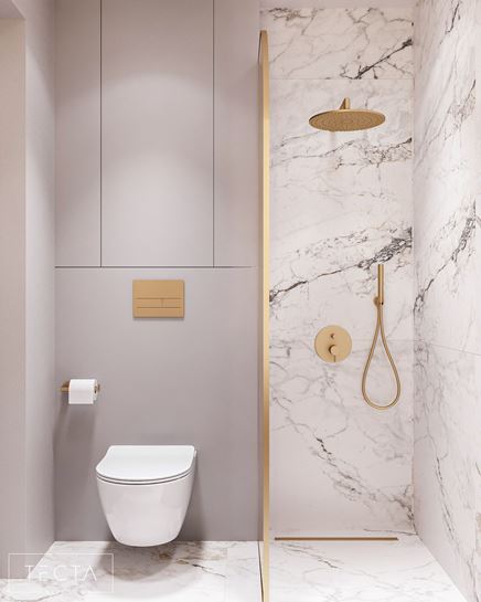 Szara zabudowa WC i prysznic walk-in w kamieniu