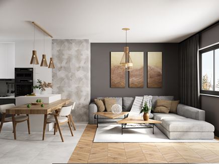 Otwarty salon ze stylowymi dekorami Azario Concrete