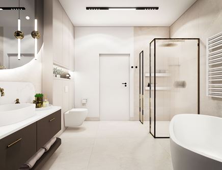 Biała łazienka z prostokątną kabiną walk-in