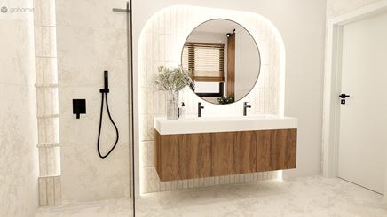 Beżowa łazienka z okrągłym lustrem