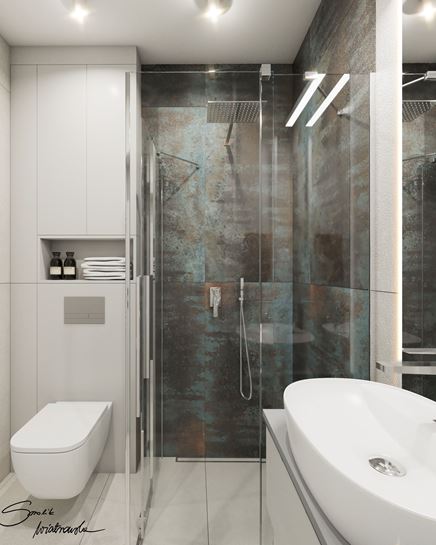 Szara łazienka z płytami imitującymi rdzawy metal pod prysznicem