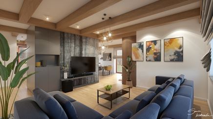 Salon z leśną tapetą