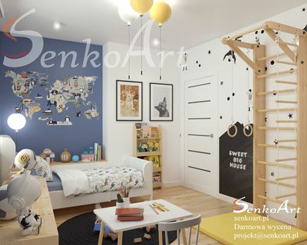 Pokój chłopca z białymi i niebieskimi ściankami i drewnem