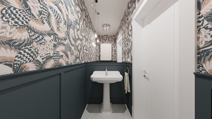 Umywalka stojąca w WC z kolorową tapetą