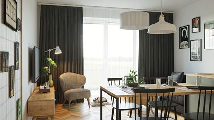 Ciepły salon w małym mieszkaniu 