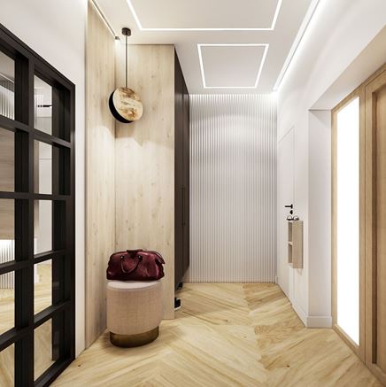 Biały korytarz z grafitową szafą i dekorem 3d