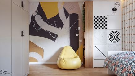 Pokój nastolatki z graficzną tapetą i żółtym fotelem typu bean bag