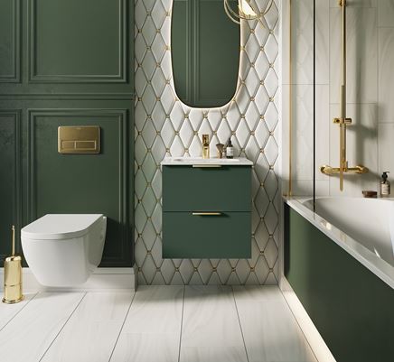 Biało-zielona łazienka w stylu glamour ze złotymi dodatkami