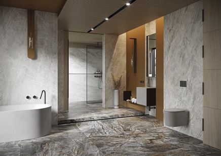 Szara łazienka w wielkich formatach Cerrad Brazilian Quartzite
