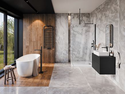 Duża łazienka w szarym kamieniu i drewnie z czarną armaturą
