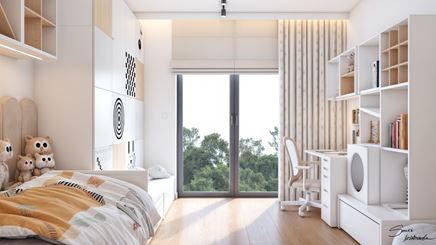 Jasny pokój dziecka z białymi mebelkami i drewnem