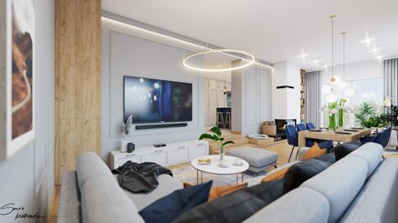 Przestronny salon  jadalnią w szarości i granacie