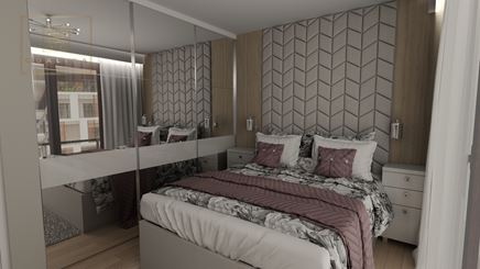 Sypialnia w stylu Hamptons z tapicerowanym zagłówkiem