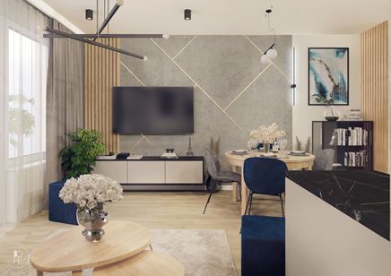 Ściana telewizyjna z betonem, złotymi listwami i drewnem