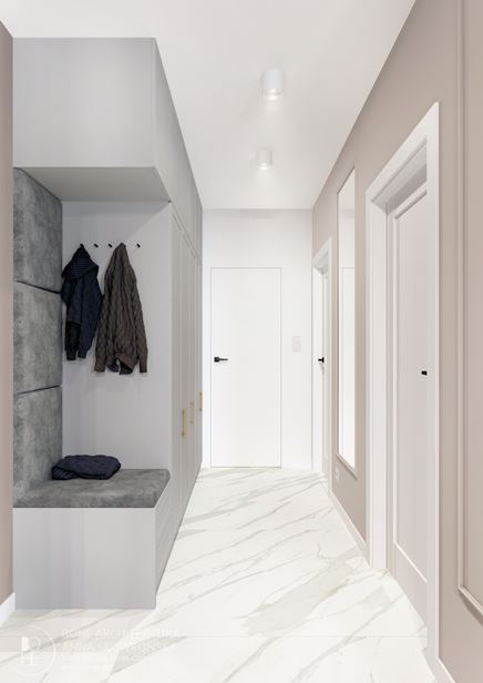 Beżowo-szary przedpokój z marmurem na posadzce