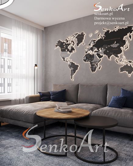 Salon z podświetlaną mapą świata