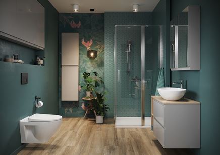 Zielona łazienka z tapetą i podłogą w drewnie