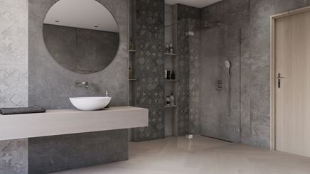 Aranżacja szarej łazienki z patchworkowymi płytami