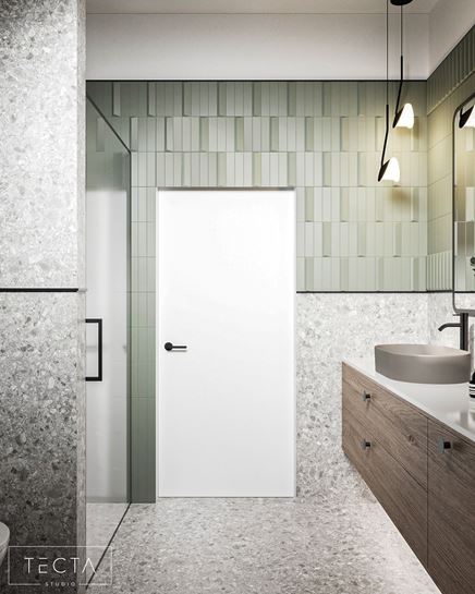 Szare lastryko i zielone kafle w łazience