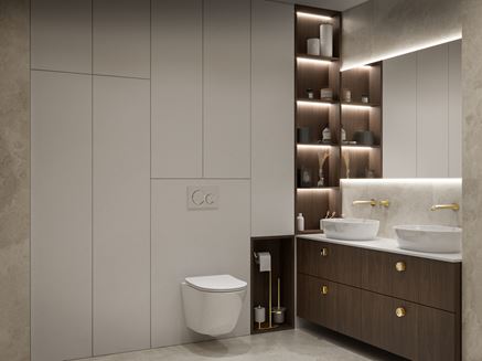 Jasna zabudowa w beżowej łazience