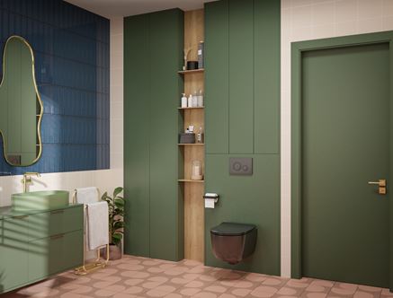 Łazienka w kolorach z zieloną zabudową