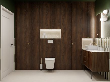 Łazienka z szachownicą i ciemną zabudową