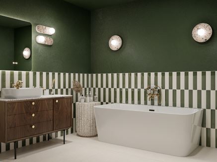 Biało-zielona łazienka z wanną przyścienną