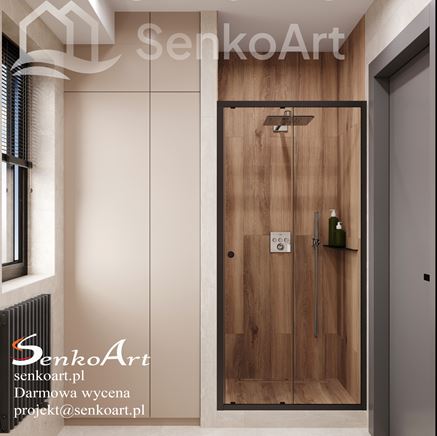 Mała łazienka z wnęką prysznicową w drewnopodobnych płytkach