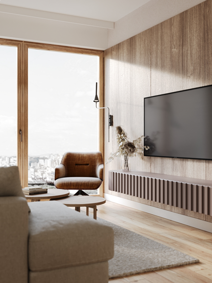 Fornirowana ściana RTV z ryflowaną szafka pod telewizorem